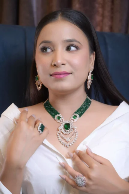 Opulent Vanadium Emerald Green Beaded Necklace Set with Grand Diamond Pendant | Regal Bridal Jewellery