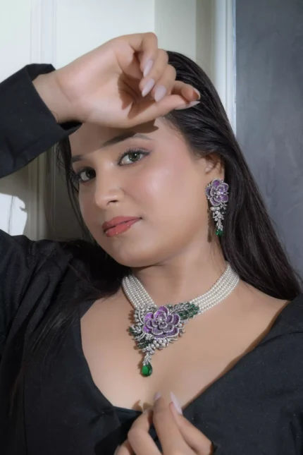 Exquisite Vanadium Pearl & Floral Ruby-Emerald Necklace Set with Drop Earrings | Luxurious Bridal Jewellery