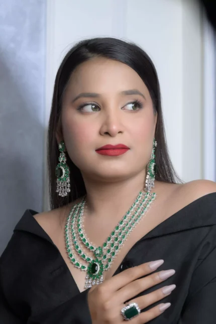Layered Emerald Look Necklace Set with Earrings | Vanadium American Diamond Bridal Jewelry for Weddings