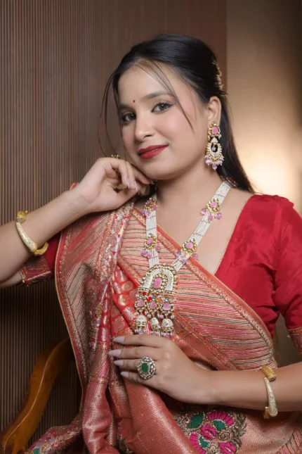 Grand Vanadium Jadau & Pink Stone Necklace Set with Multi-Tier Jhumka Earrings | Royal Bridal Jewellery