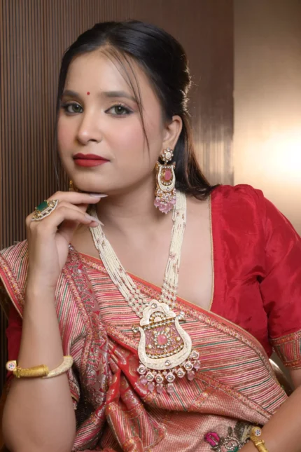 Grand Vanadium Polki & Pink Stone Necklace Set with Pearl Strands & Dangler Earrings | Heritage Bridal Jewellery