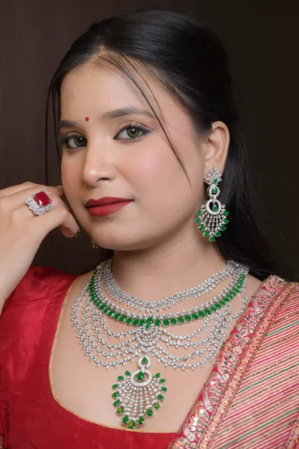Opulent Vanadium Emerald Green & Diamond Waterfall Necklace Set | Grand Bridal & Festive Jewellery