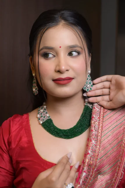 Multi-Layer Green Beaded Necklace Set with Earrings | Vanadium Polki Pearl Jewelry for Women