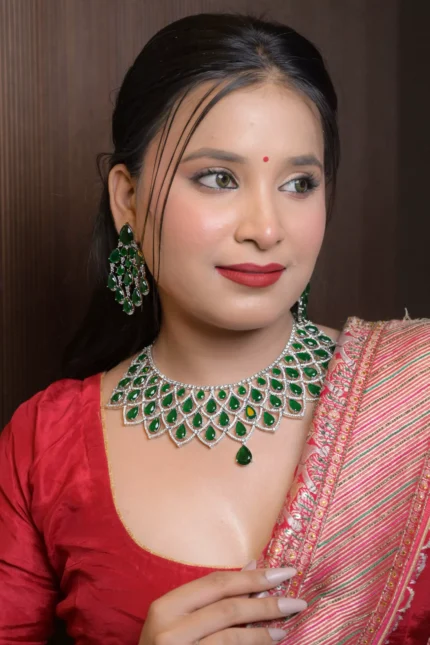 Royal Green Choker Necklace Set with Earrings | Vanadium Emerald Look Bridal Jewelry for Women
