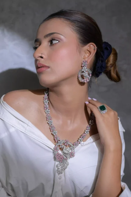 Peacock Designer Necklace Set with Earrings | Vanadium Floral American Diamond Jewelry for Women