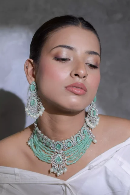 Elegant Vanadium Mint Green Beaded Choker Necklace Set with Pearl Drops | Royal & Trendy Jewellery