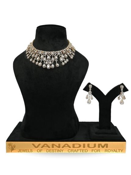 Sparkling Vanadium Diamond Waterfall Necklace Set with Dangler Earrings | Bridal & Party Wear Jewellery