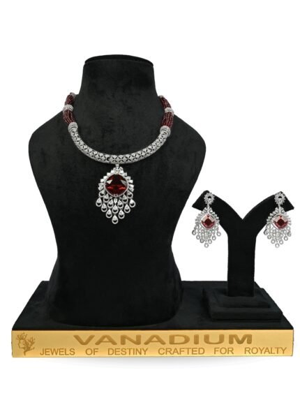 Regal Vanadium Maroon Beaded Necklace Set with Ruby & Diamond Pendant | Statement & Festive Jewellery
