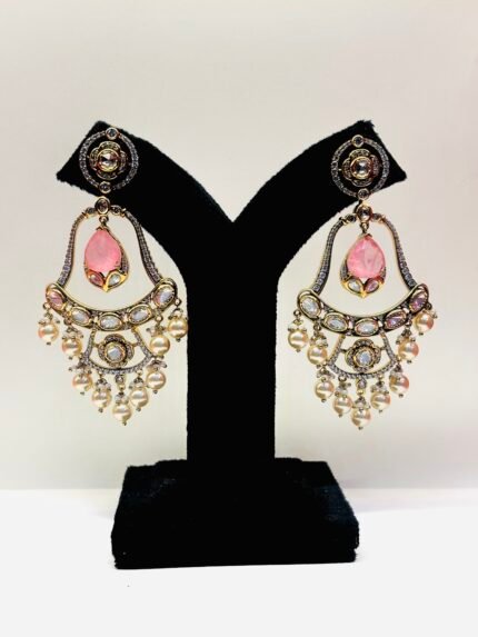 Vanadium - Grace in Bloom: Pastel Pink Chandbalis with Crystal Kundan and Pearls