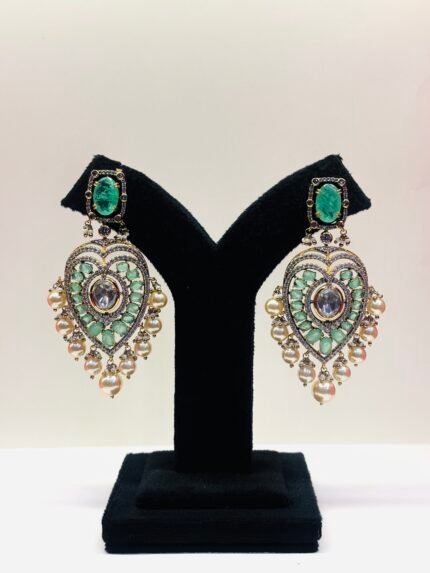 Vanadium - Empress Elegance: Heart-Shaped Emerald Drop Earrings with Pearl Cluster