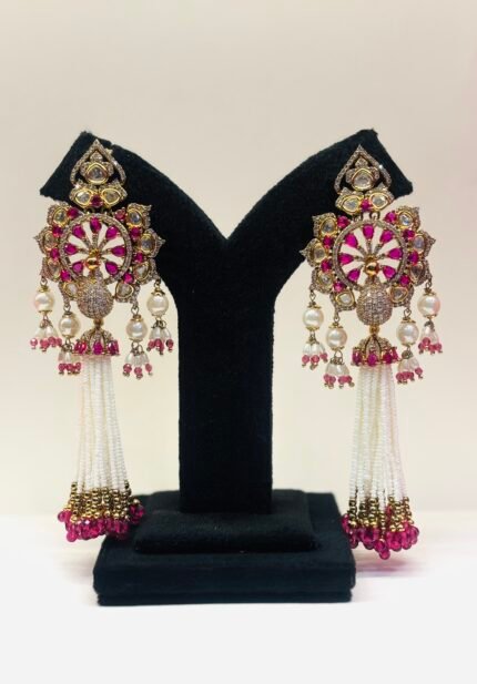 Vanadium - Regal Radiance: Peacock-Inspired Kundan Chandbali Earrings with Tassel Drops
