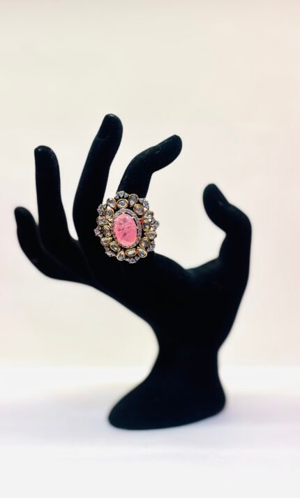 Vanadium-Handcrafted Royal Bloom Statement Ring with Radiant Pink Center Stone and Intricate Kundan-Style Detailing